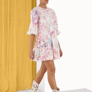 Zimmermann Graffiti Print Mini Dress Size 1 – Sheer Artistic Balloon Sleeve, Lik